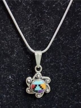 VTG Native American 925 Sterling Silver Necklace Turquoise Zuni Sun Face Pendant
